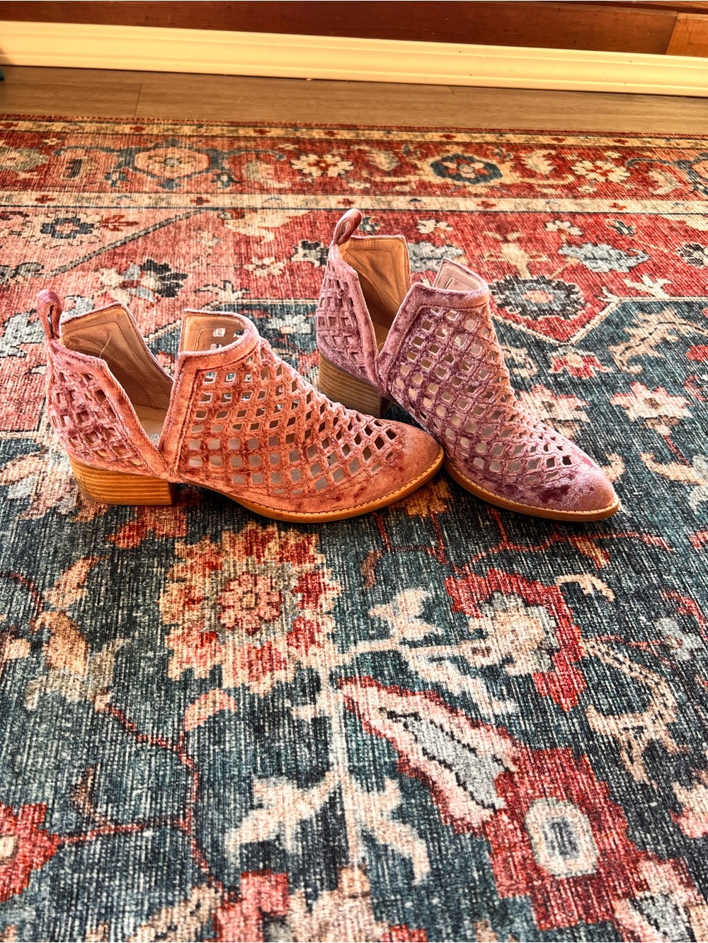 Pink crushed velvet Jeffrey Campbell Taggart cutout booties.